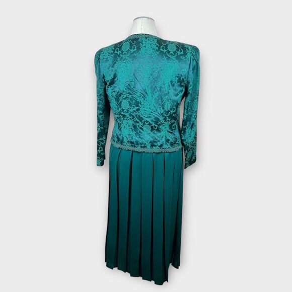 Vintage Nah Nah Dark Green Jacket Dress Set Size 14/16 Beaded Damask Chiffon - Picture 3 of 11